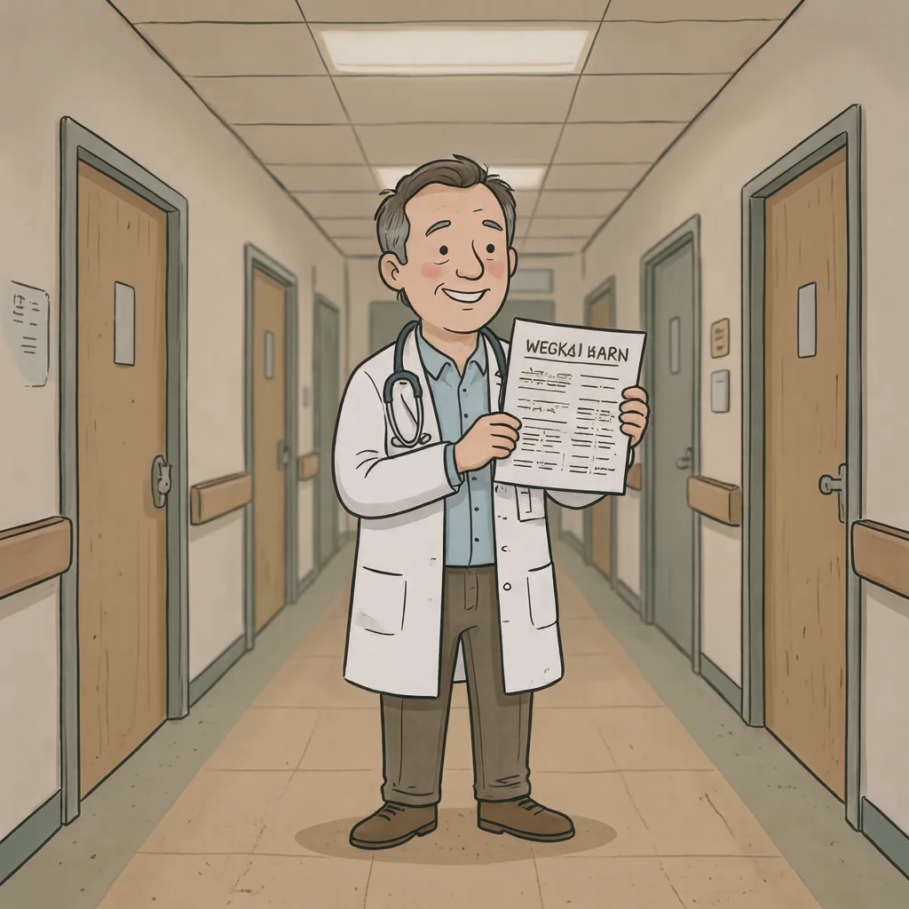健康の病院で検査結果の紙を持つ医師のイラスト（ゆるいイラスト）