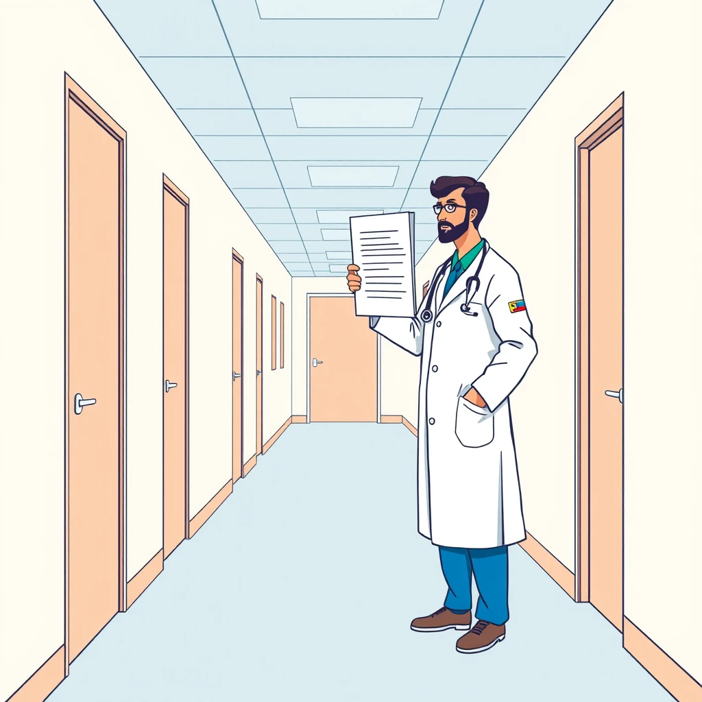 健康の病院で検査結果の紙を持つ医師のイラスト（シンプル線画）