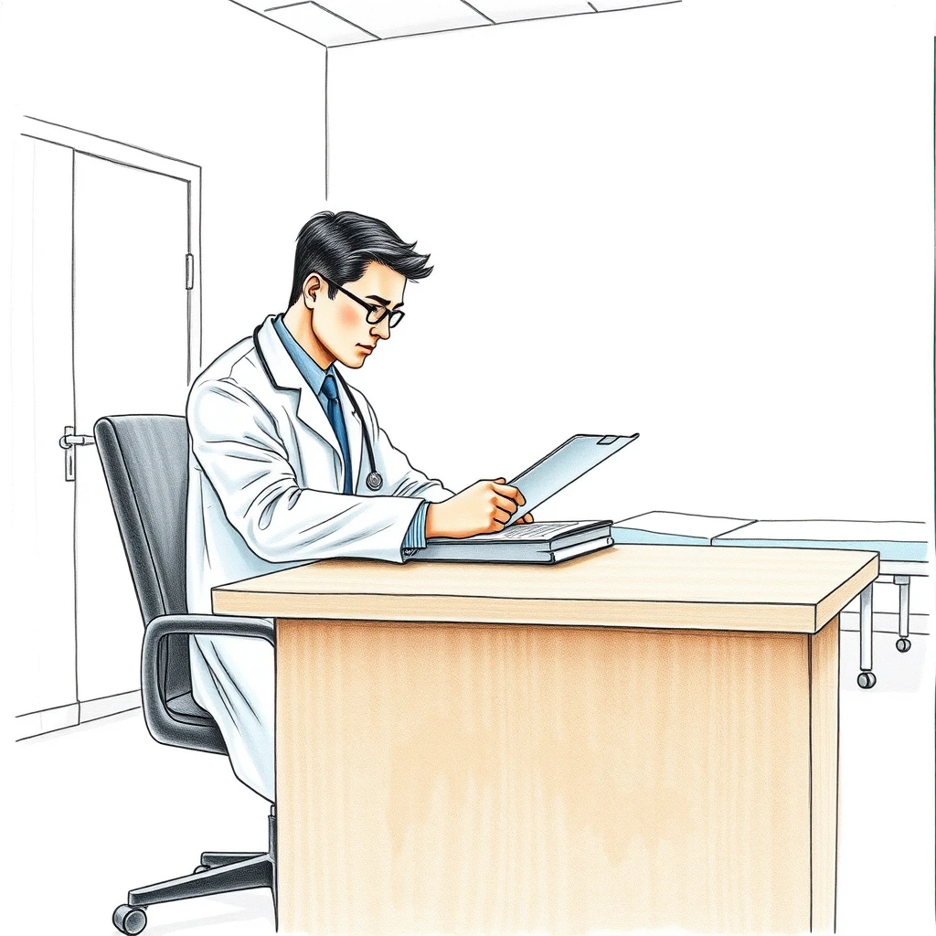 診察の診察室で机でカルテを見る医師のイラスト（色鉛筆）