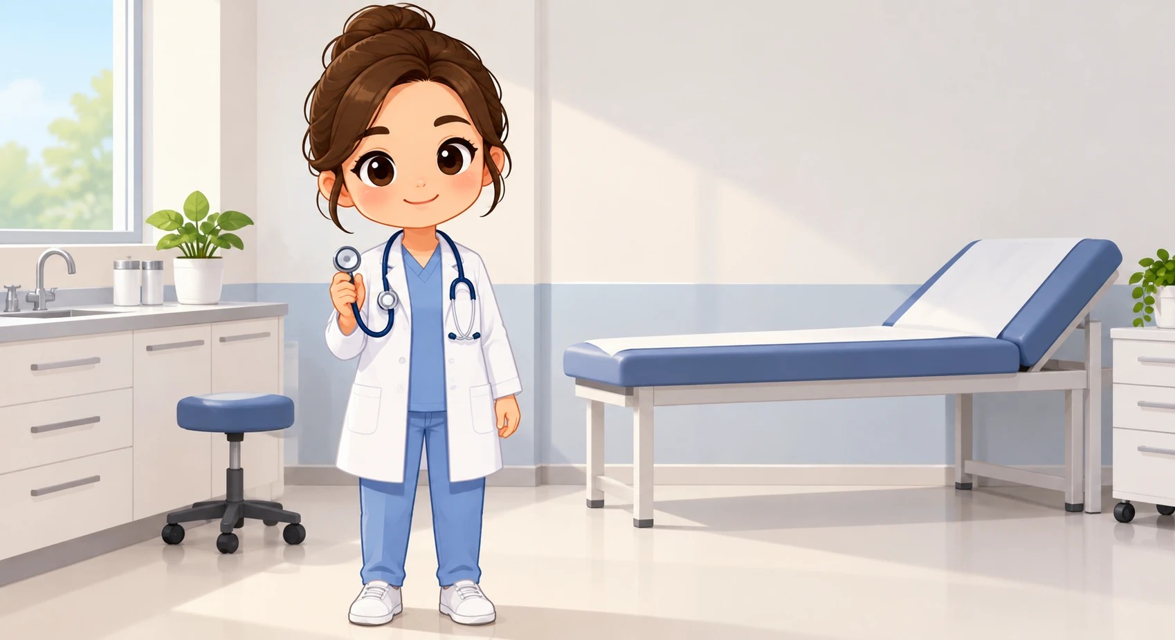 Illustration of one doctor in a white coat standing and holding a stethoscope ready in one hand, in a bright examination room with an empty examination couch along the far wall, during a routine consultation (chibi)
