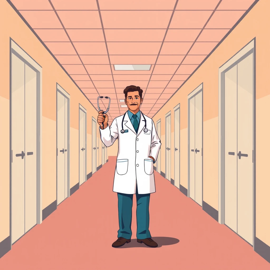 健康の病院で聴診器を手に持つ医師のイラスト（グラフィックポスター）