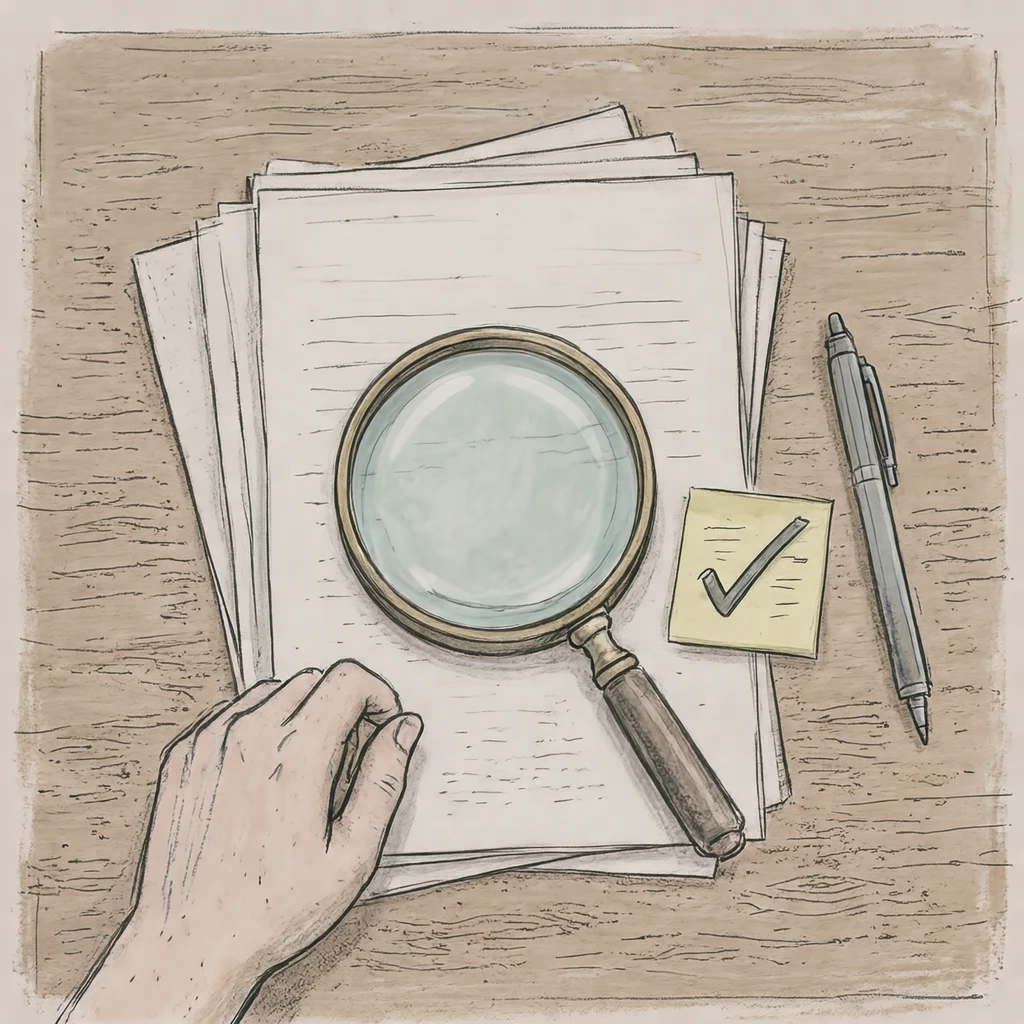 書類の上の虫眼鏡とチェックマークのイラスト（手描き風）