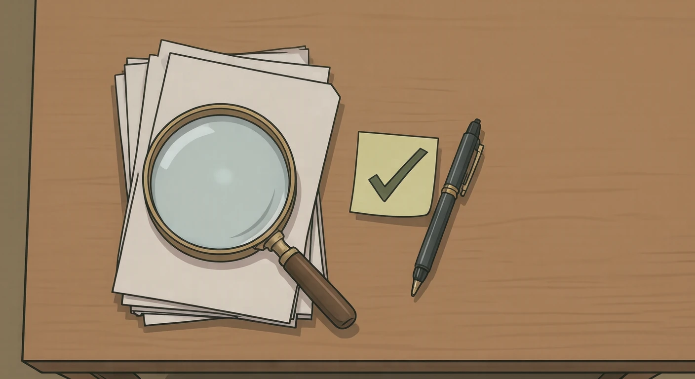 書類の上の虫眼鏡とチェックマークのイラスト（アニメ塗り）