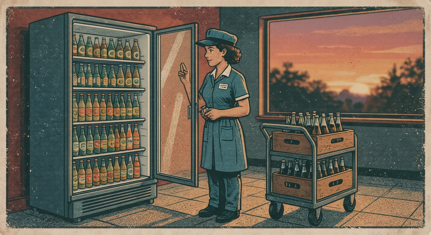 冷蔵ケースに飲み物を補充する店員のイラスト(レトロ印刷)