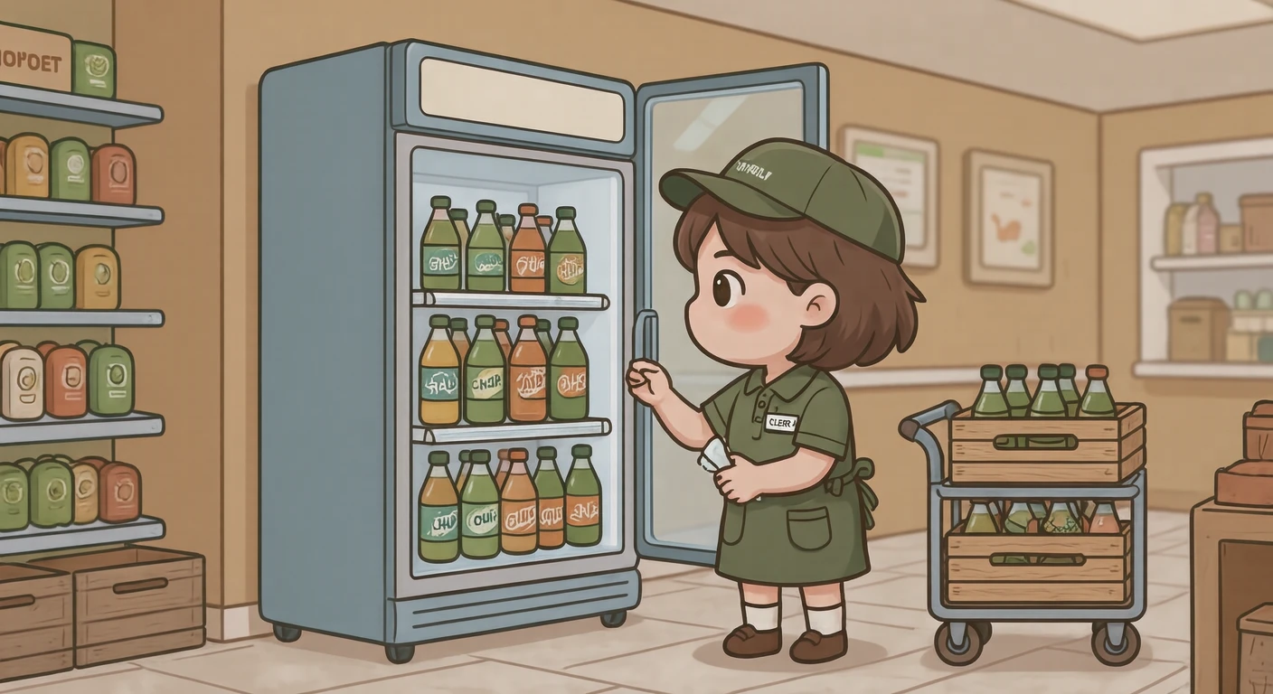 冷蔵ケースに飲み物を補充する店員のイラスト(デフォルメ)