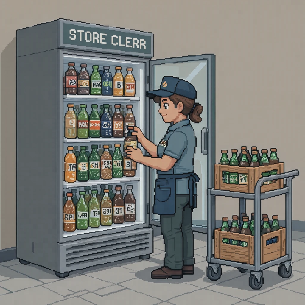 冷蔵ケースに飲み物を補充する店員のイラスト(ドット絵)