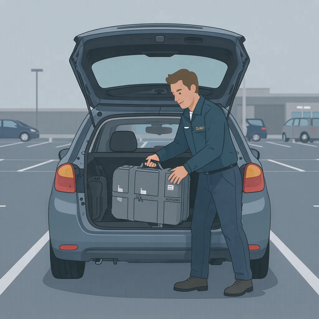 運転の駐車場でトランクに荷物を積むドライバーのイラスト（フラットイラスト）