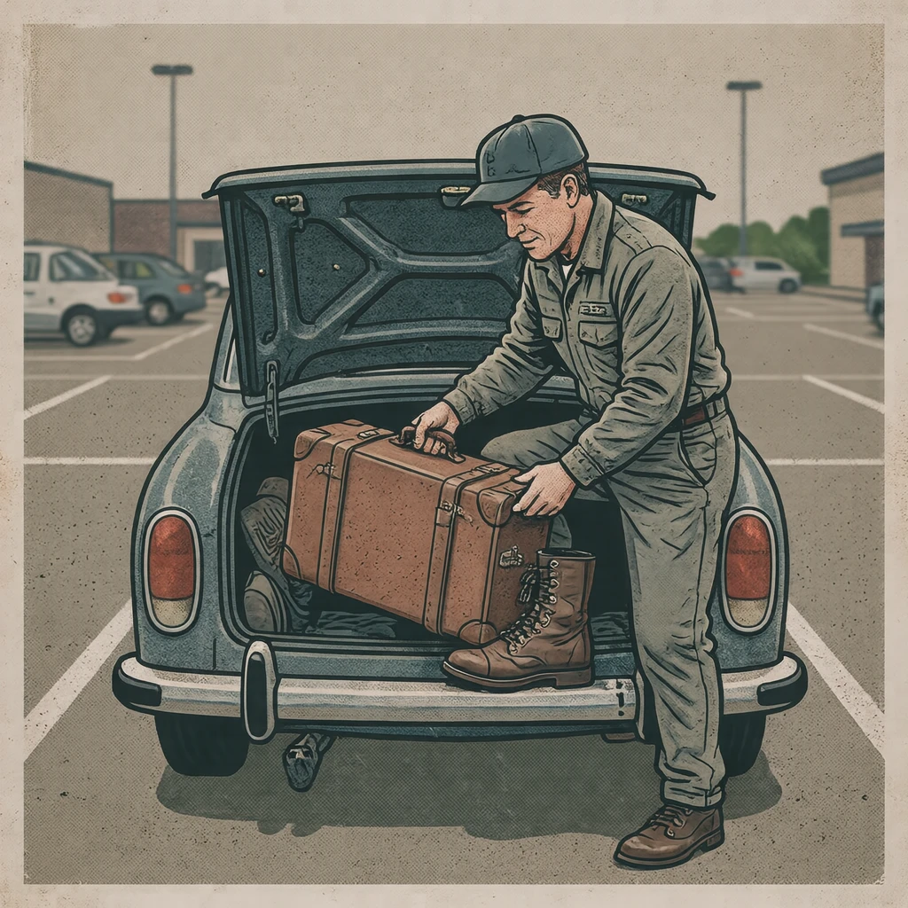 運転の駐車場でトランクに荷物を積むドライバーのイラスト（レトロ印刷）