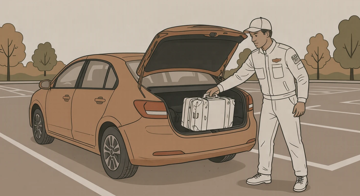 運転の駐車場でトランクに荷物を積むドライバーのイラスト（シンプル線画）