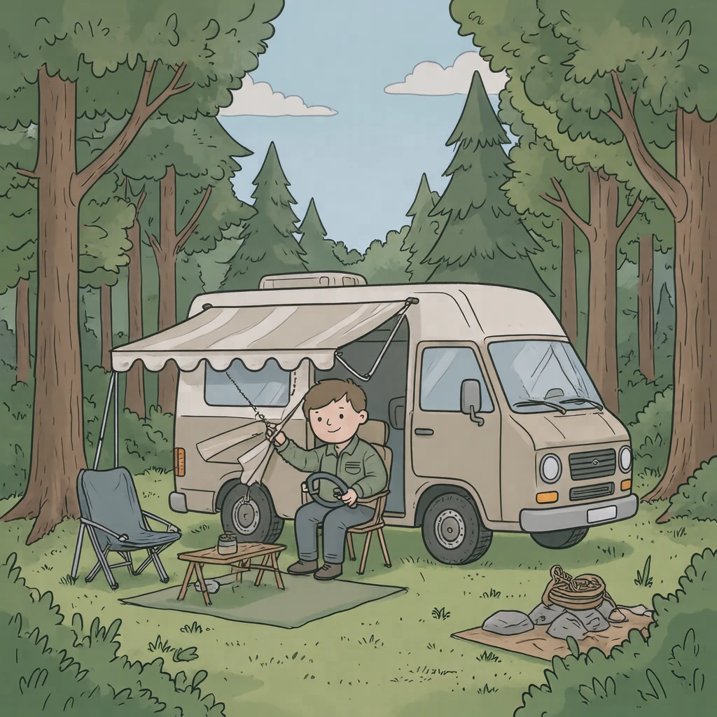 外出のキャンプ場でキャンピングカーのオーニングを広げるドライバーのイラスト（ゆるいイラスト）