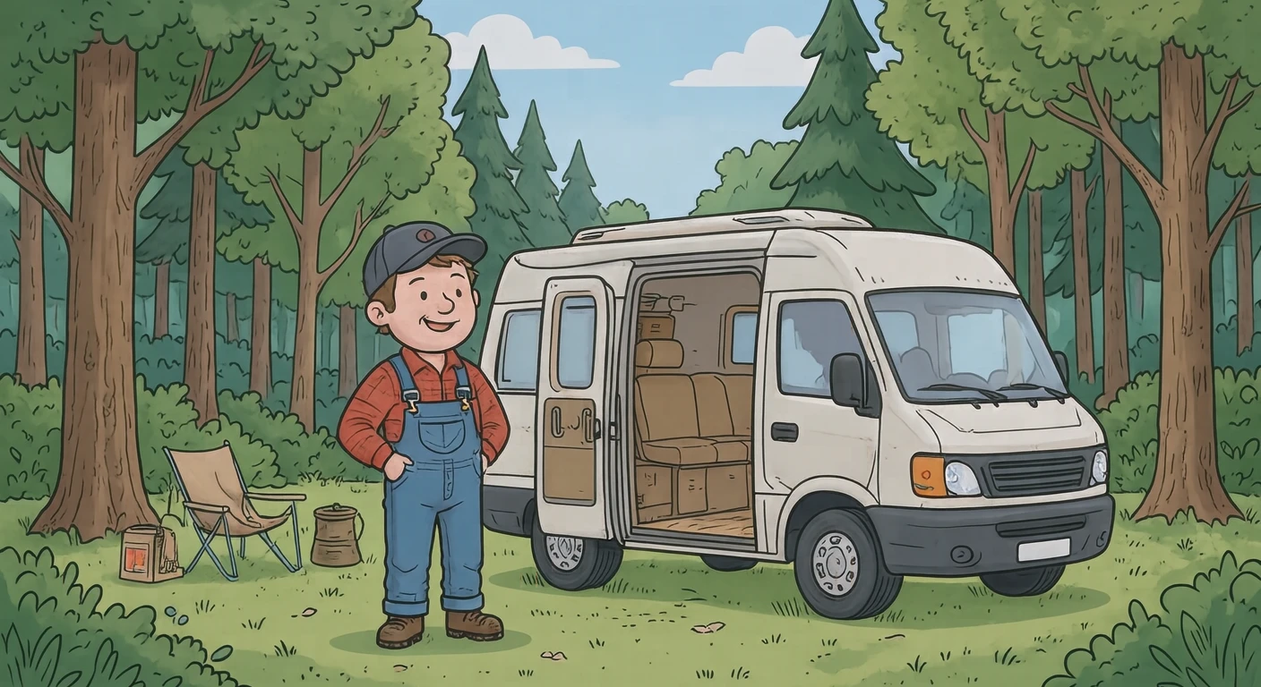 外出のキャンプ場でキャンピングカーの横に立つドライバーのイラスト（ゆるいイラスト）