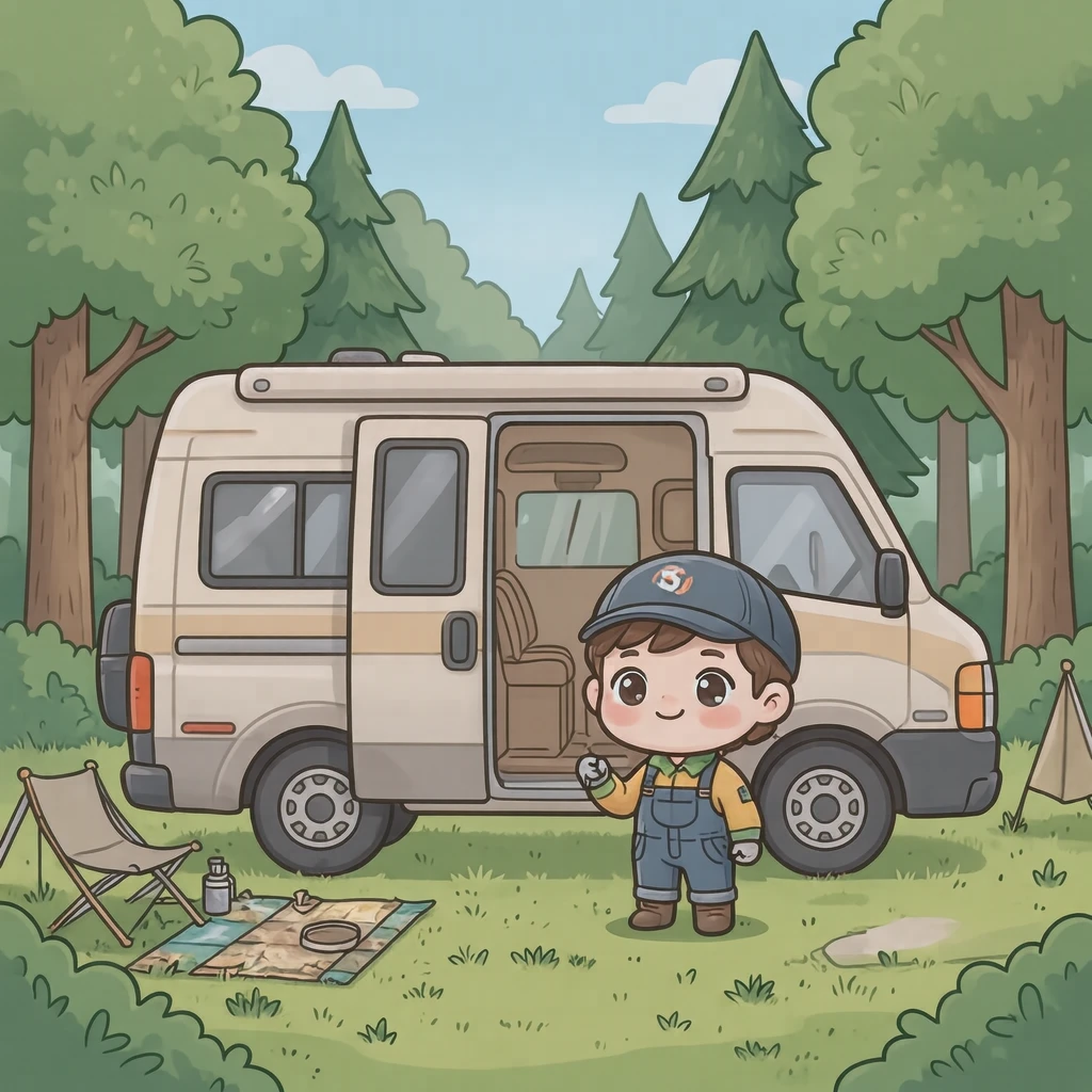 外出のキャンプ場でキャンピングカーの横に立つドライバーのイラスト（デフォルメ）