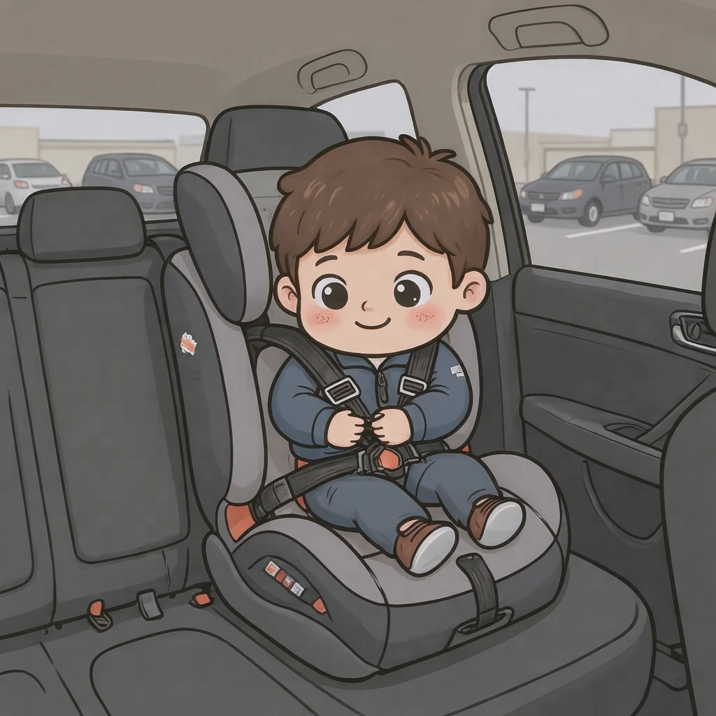 駐車場でチャイルドシートを留めるドライバーのイラスト（デフォルメ）