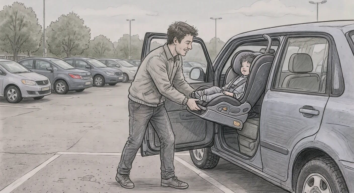 駐車場でチャイルドシートを載せるドライバーのイラスト(手描き風)