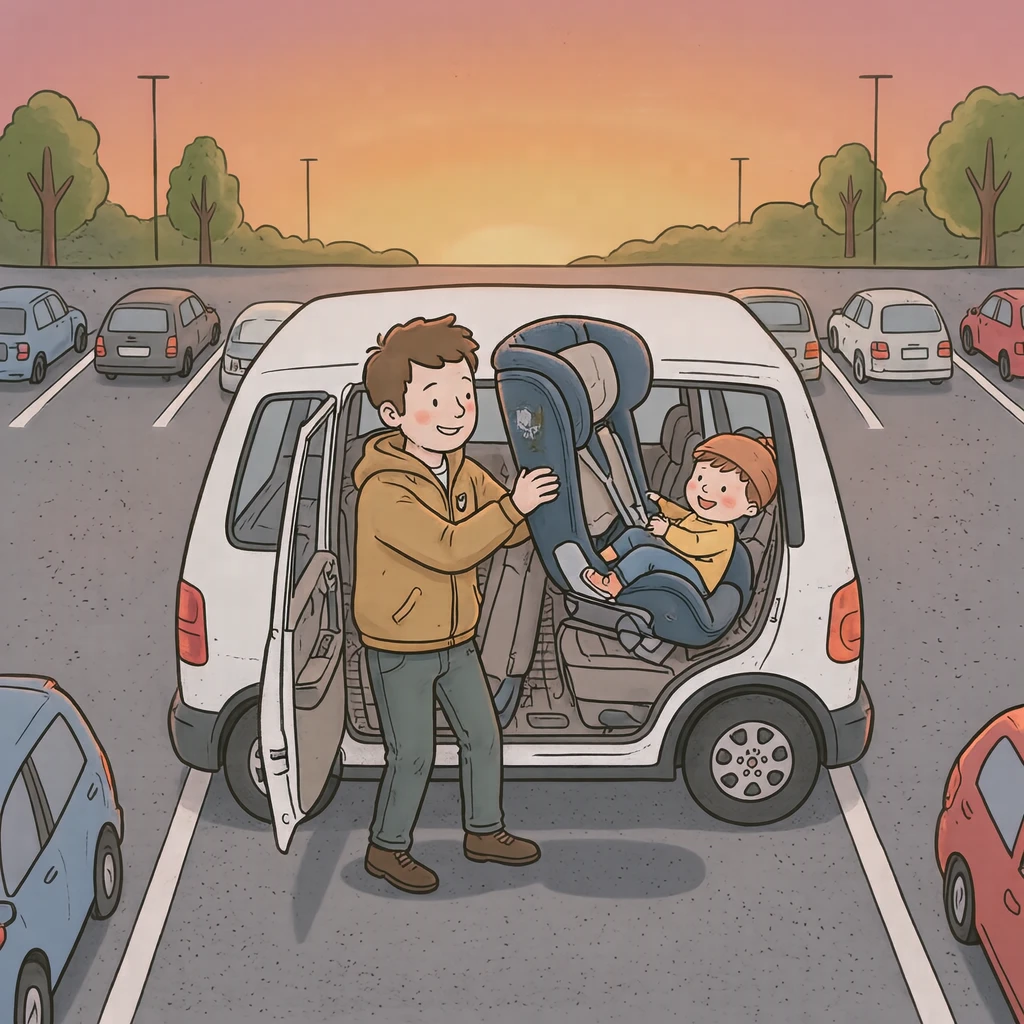 駐車場でチャイルドシートを載せるドライバーのイラスト(ゆるいイラスト)