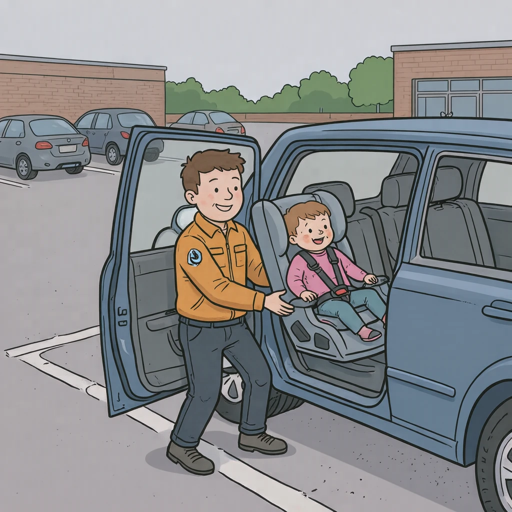 駐車場でチャイルドシートを載せるドライバーのイラスト(ゆるいイラスト)