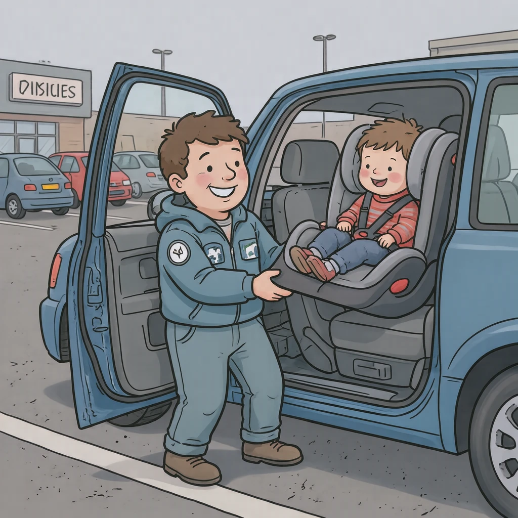 駐車場でチャイルドシートを載せるドライバーのイラスト(ゆるいイラスト)