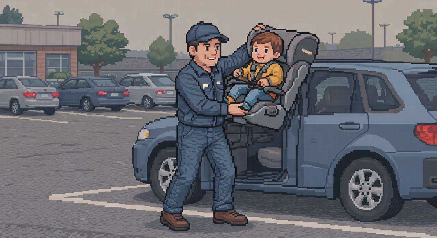 駐車場でチャイルドシートを載せるドライバーのイラスト(ドット絵)