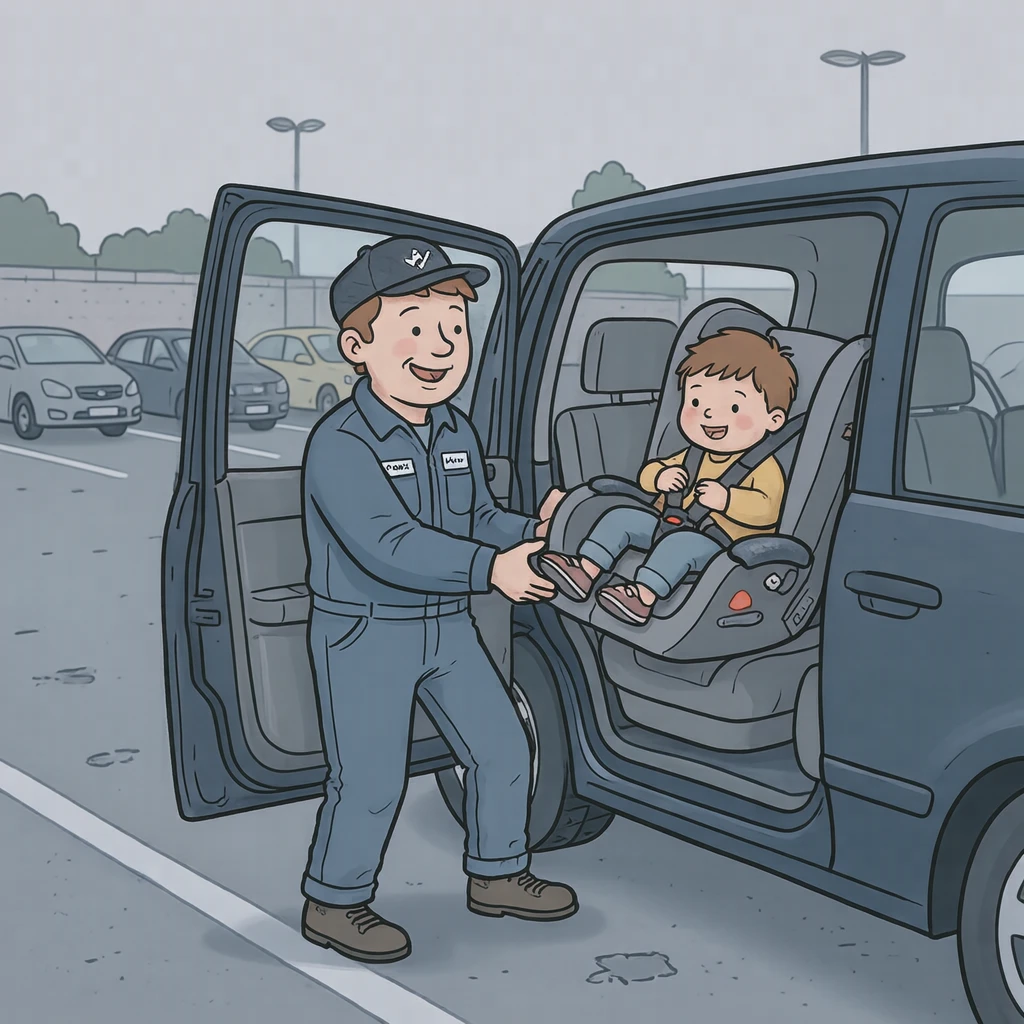 駐車場でチャイルドシートを載せるドライバーのイラスト(ゆるいイラスト)