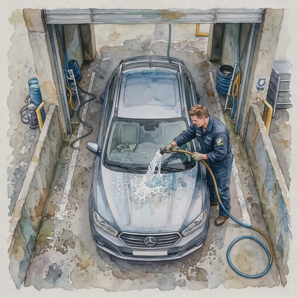 洗車場で屋根にホースの水をかけるドライバーのイラスト（水彩）