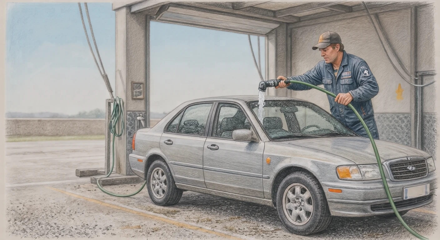 洗車場で屋根にホースの水をかけるドライバーのイラスト（色鉛筆）