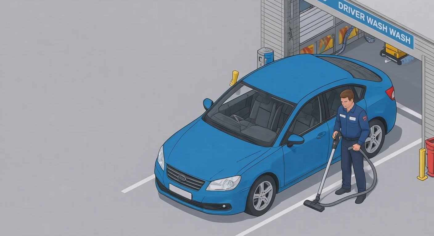 外出の洗車場で車内を掃除するドライバーのイラスト（アイソメトリック）