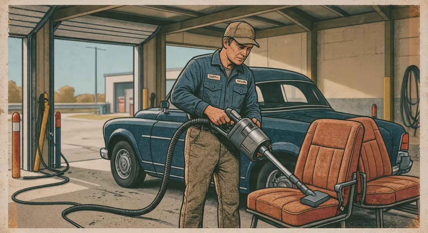洗車場で車内を掃除するドライバーのイラスト（レトロ印刷）