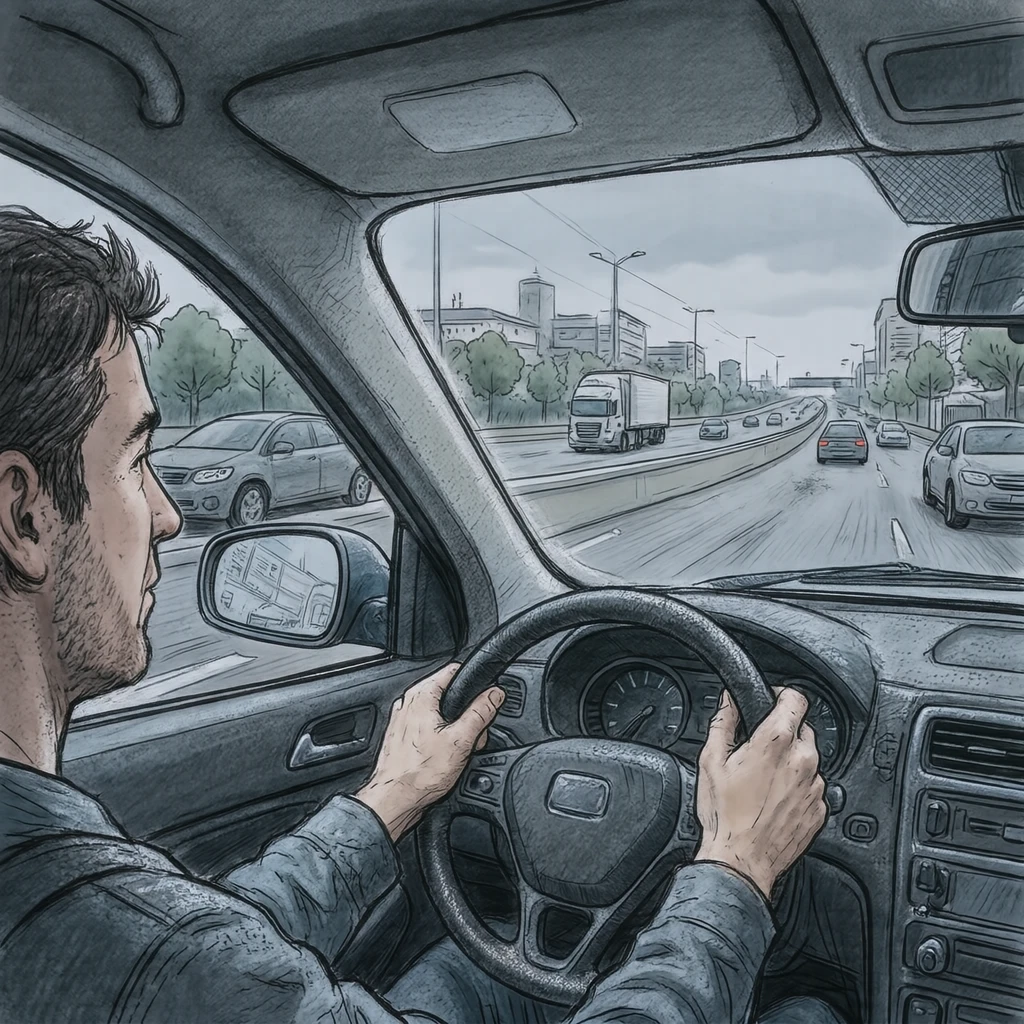 運転の高速道路で合流車線に入るドライバーのイラスト（手描き風）