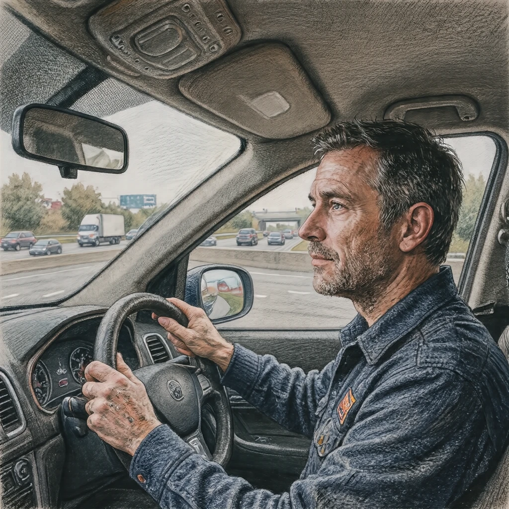 高速道路でミラーを確認するドライバーのイラスト（色鉛筆）
