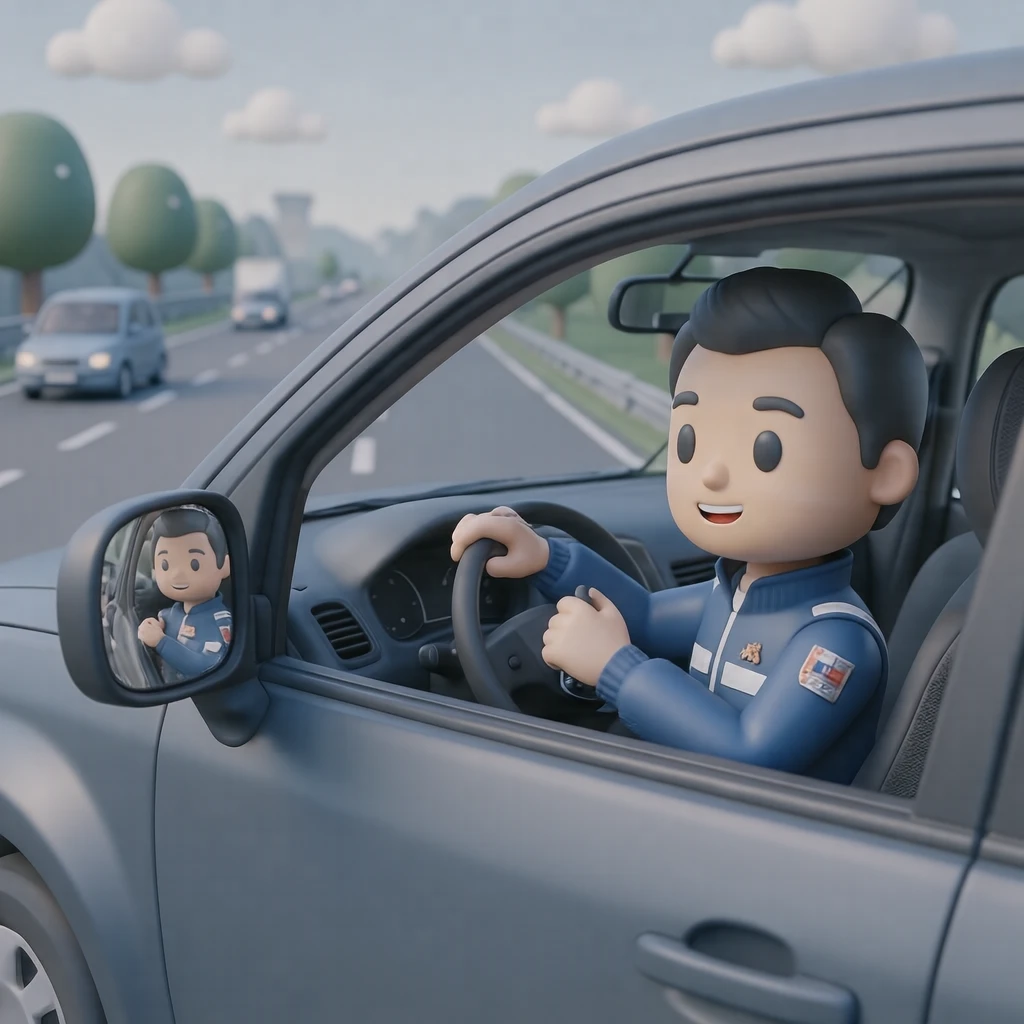 高速道路でミラーを確認するドライバーのイラスト(ソフト3D)