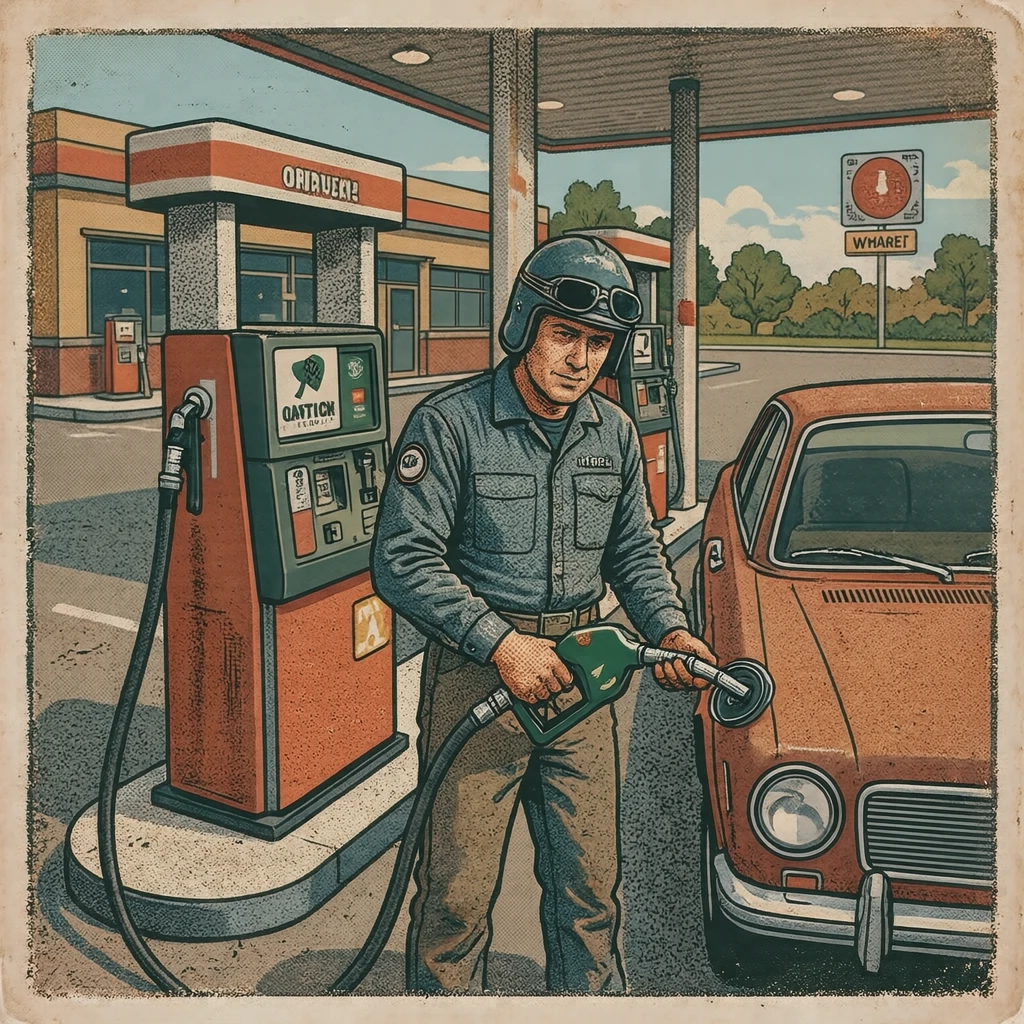 ガソリンスタンドで給油するドライバーのイラスト（レトロ印刷）