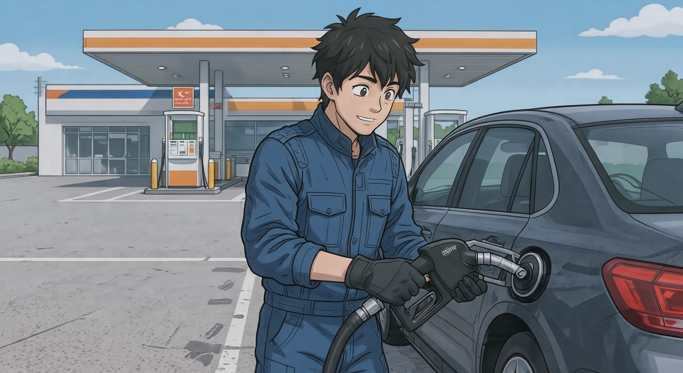 外出のガソリンスタンドで給油するドライバーのイラスト（アニメ塗り）