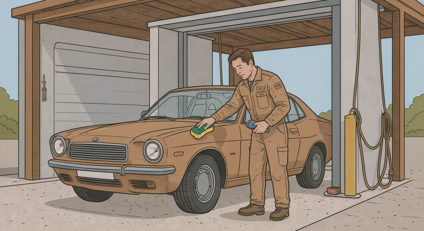 外出の洗車場でボンネットを洗うドライバーのイラスト（シンプル線画）