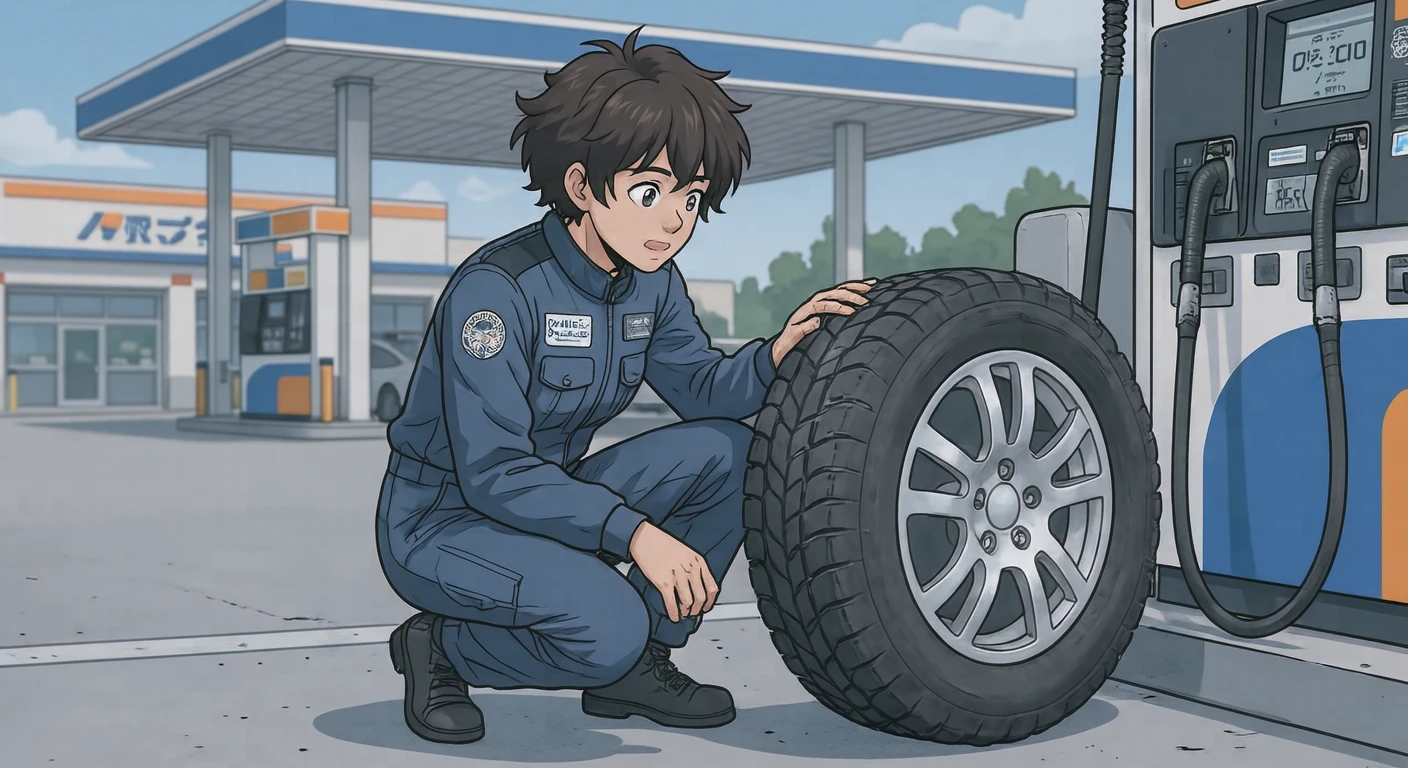 外出のガソリンスタンドでタイヤを点検するドライバーのイラスト（アニメ塗り）