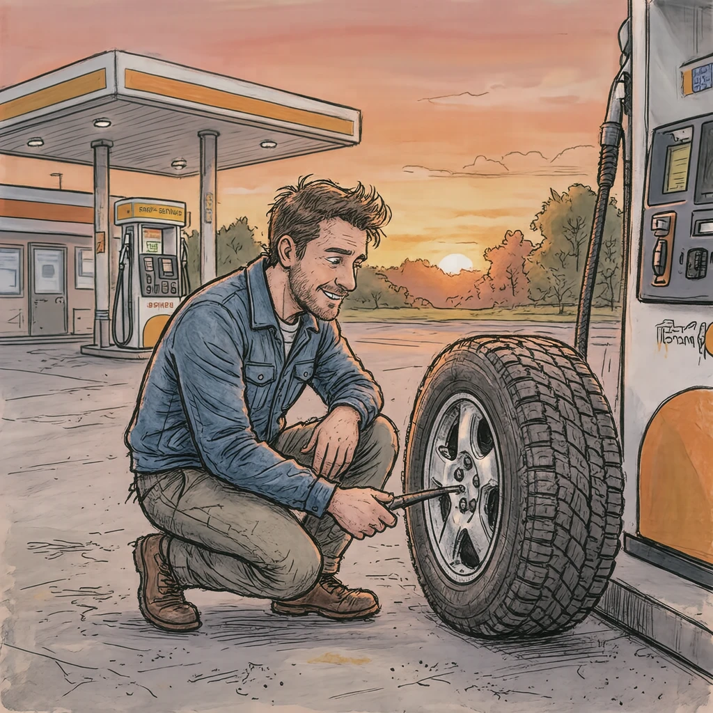 Illustration of one driver crouching beside a front tire to check it, at a self-service gas station, on a clear day (hand-drawn)