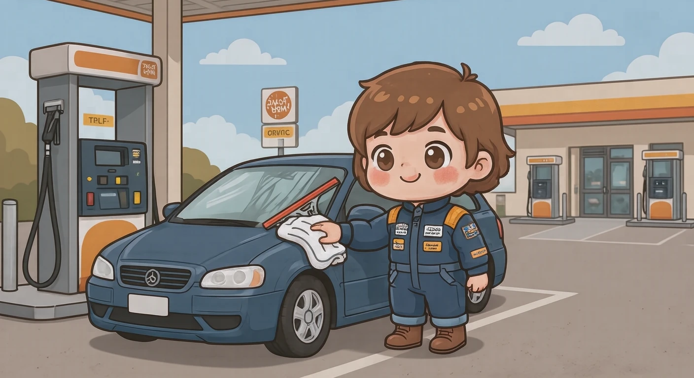 外出のガソリンスタンドで窓を拭くドライバーのイラスト（デフォルメ）