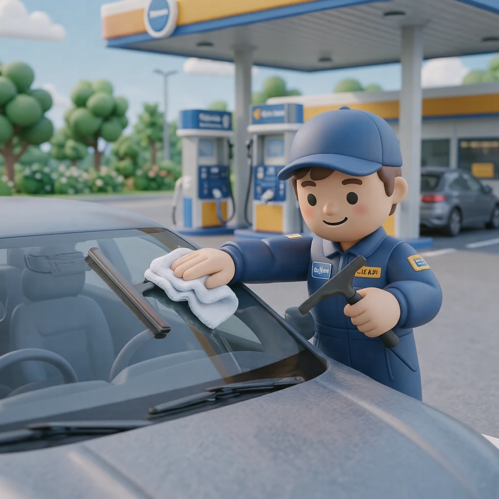 外出のガソリンスタンドで窓を拭くドライバーのイラスト（ソフト3D）