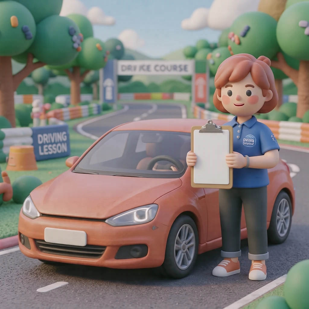教習所で点検表を持つ教官のイラスト（ソフト3D）