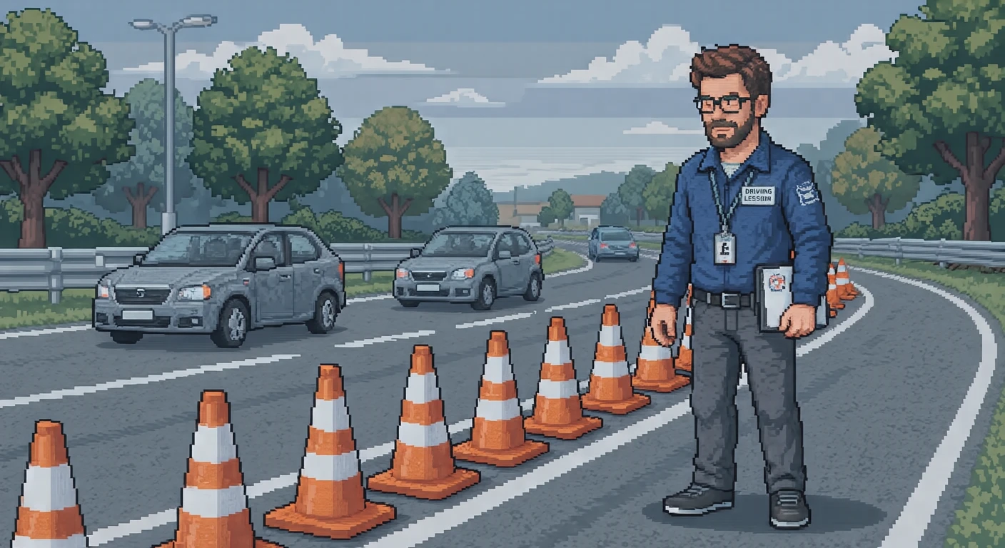 Illustration of one driving instructor standing beside a line of traffic cones and looking down the course, on a driving school course, during a driving lesson (pixel art)