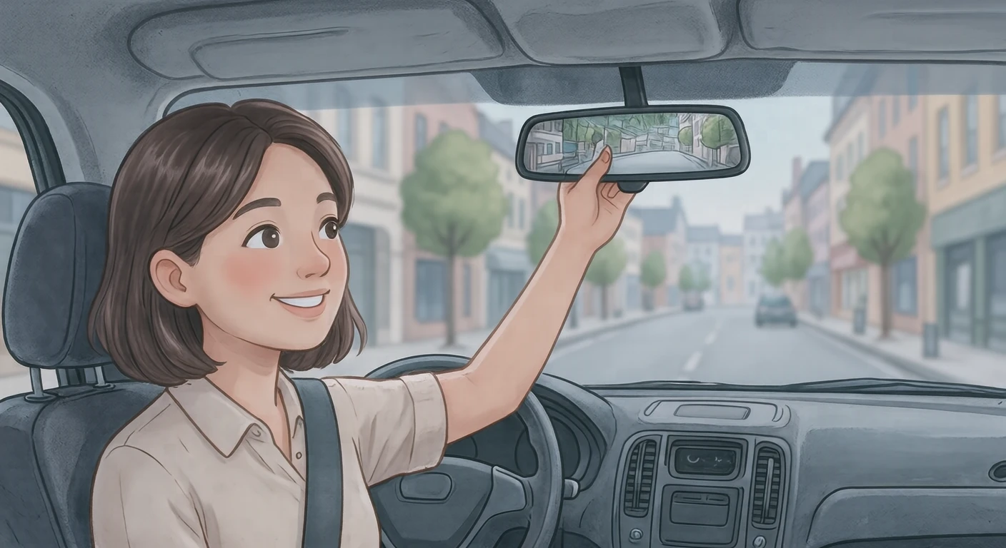 市街地でミラーを調整する教官のイラスト(ソフトパステル)