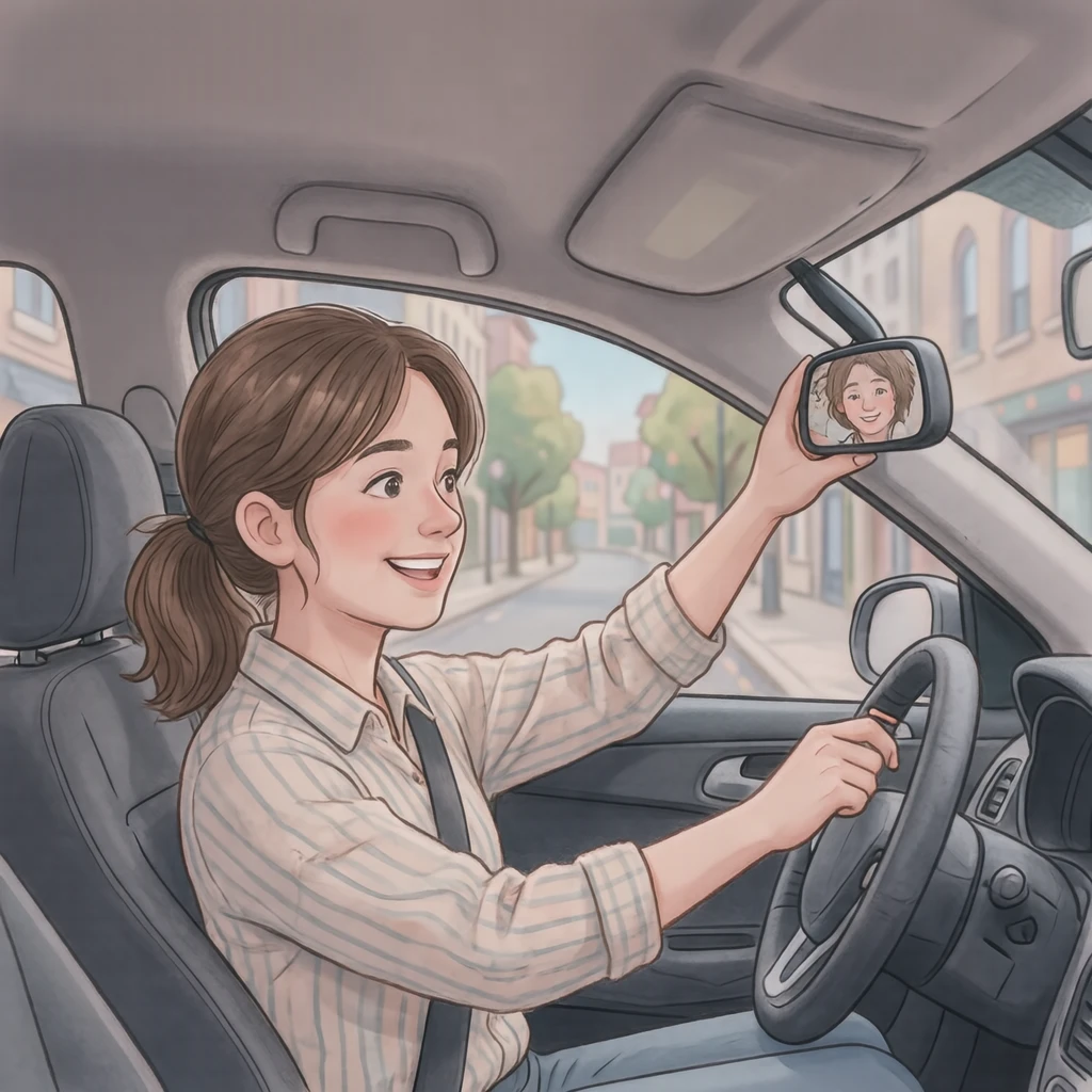 教習の市街地でミラーを調整する教官のイラスト（ソフトパステル）