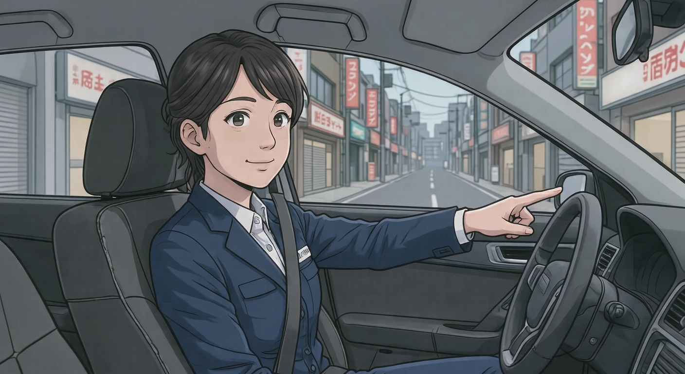 教習の市街地で助手席から指示する教官のイラスト（アニメ塗り）