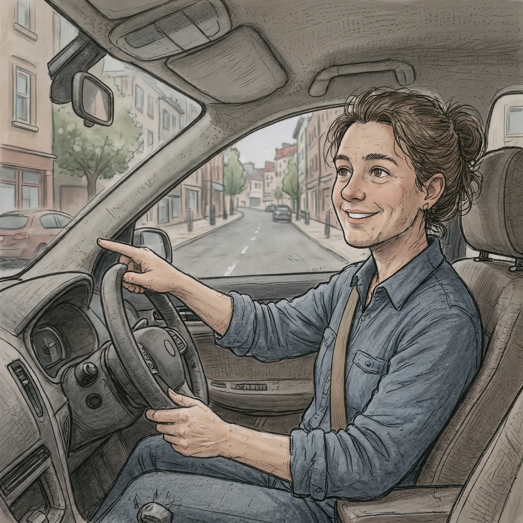 Illustration of one driving instructor sitting in the passenger seat and pointing at the road ahead, on a quiet city street, during a driving lesson (hand-drawn)