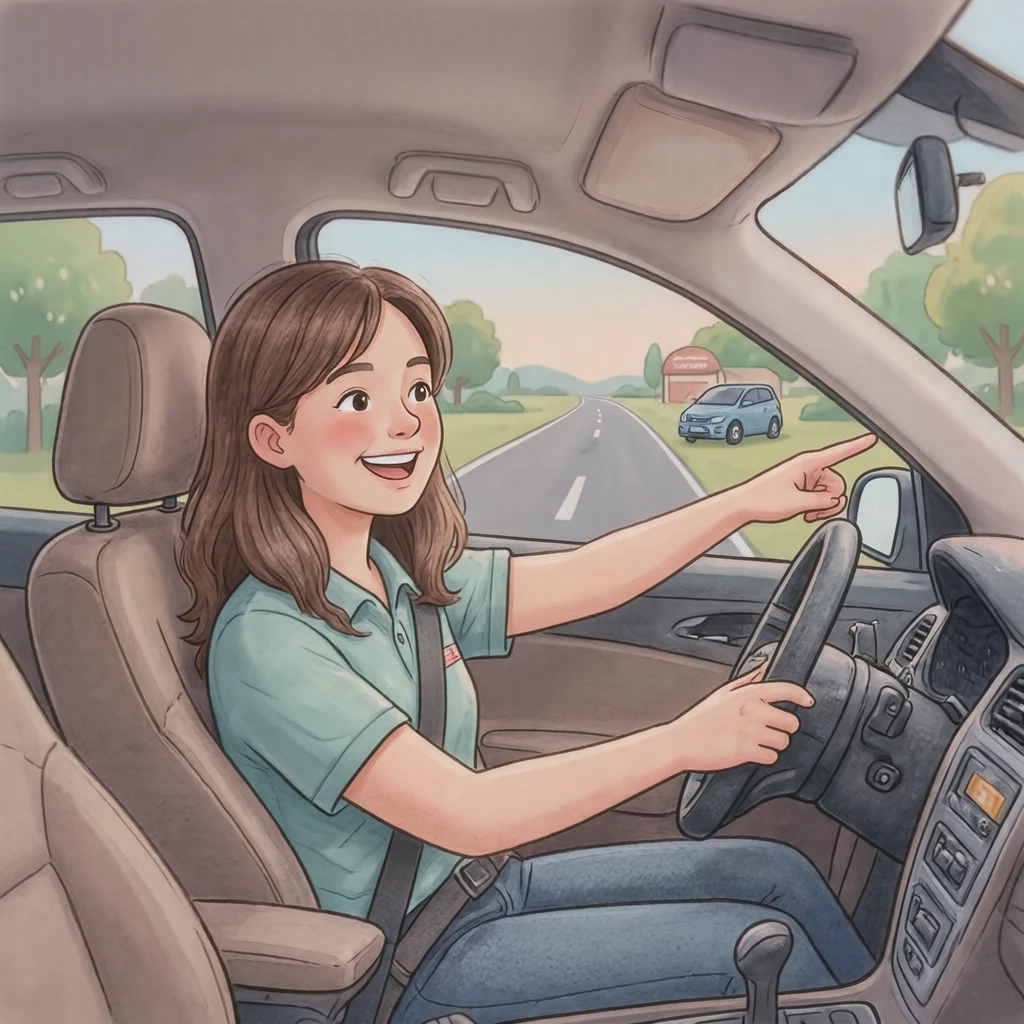 教習の教習所で助手席から指示する教官のイラスト（ソフトパステル）