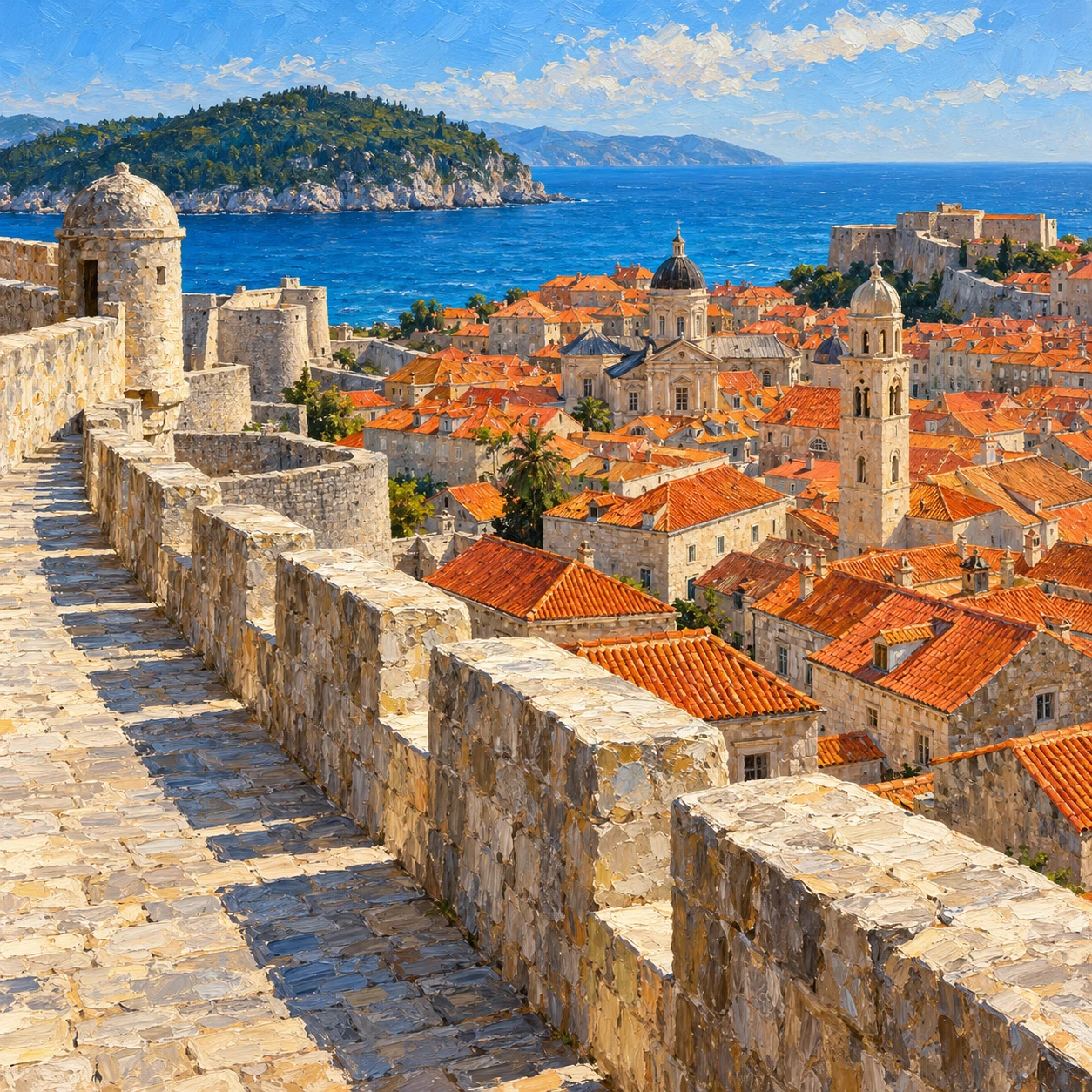 世界遺産・城壁から見るドゥブロヴニク旧市街の屋根のイラスト（油彩）