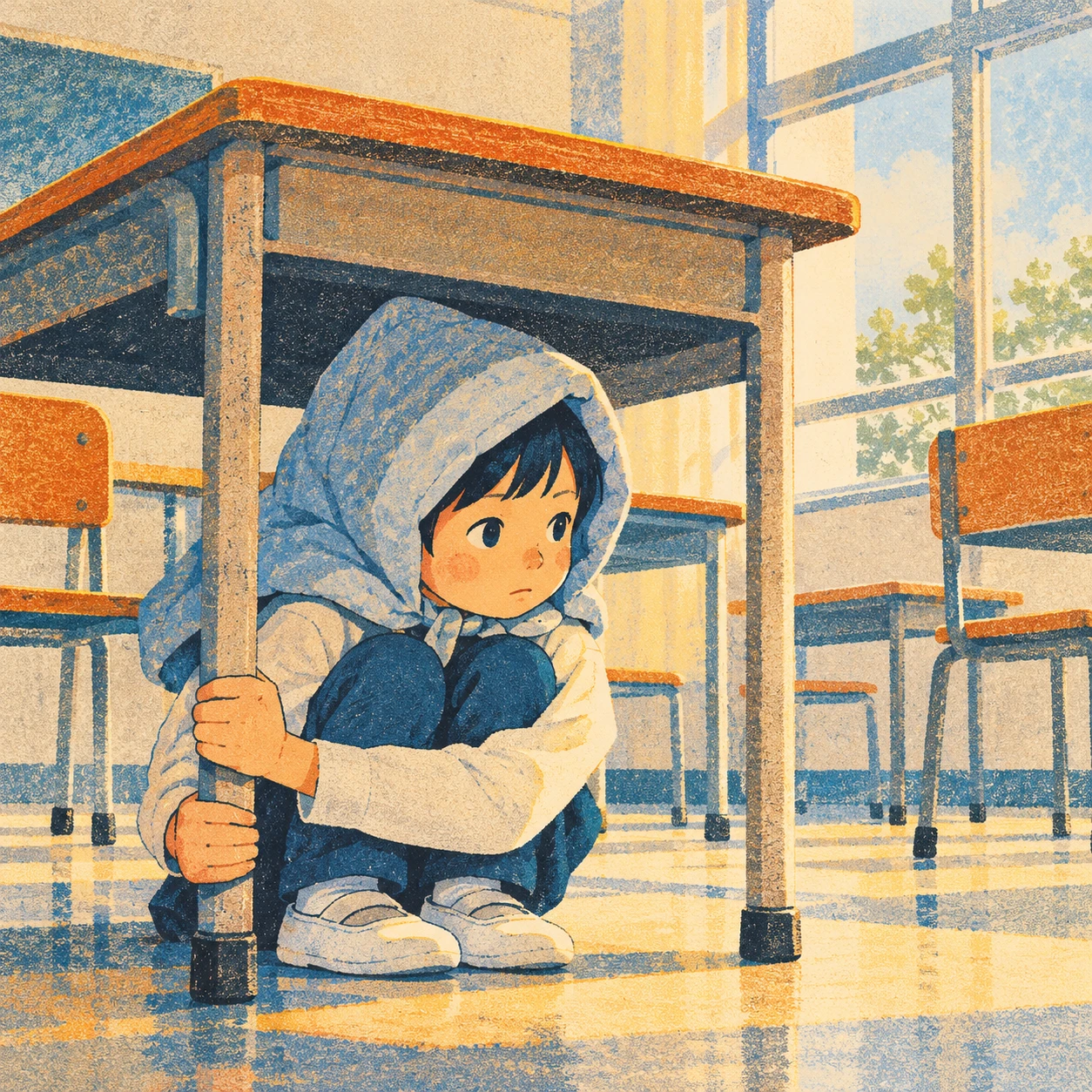 地震の避難訓練で机の下に隠れる子どものイラスト(レトロ印刷)