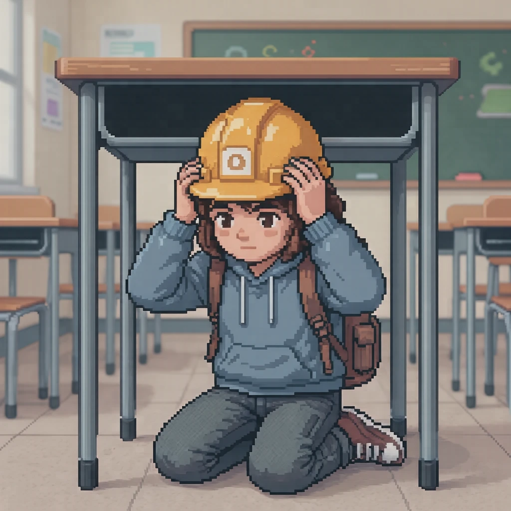 地震避難訓練のイラスト（ドット絵）