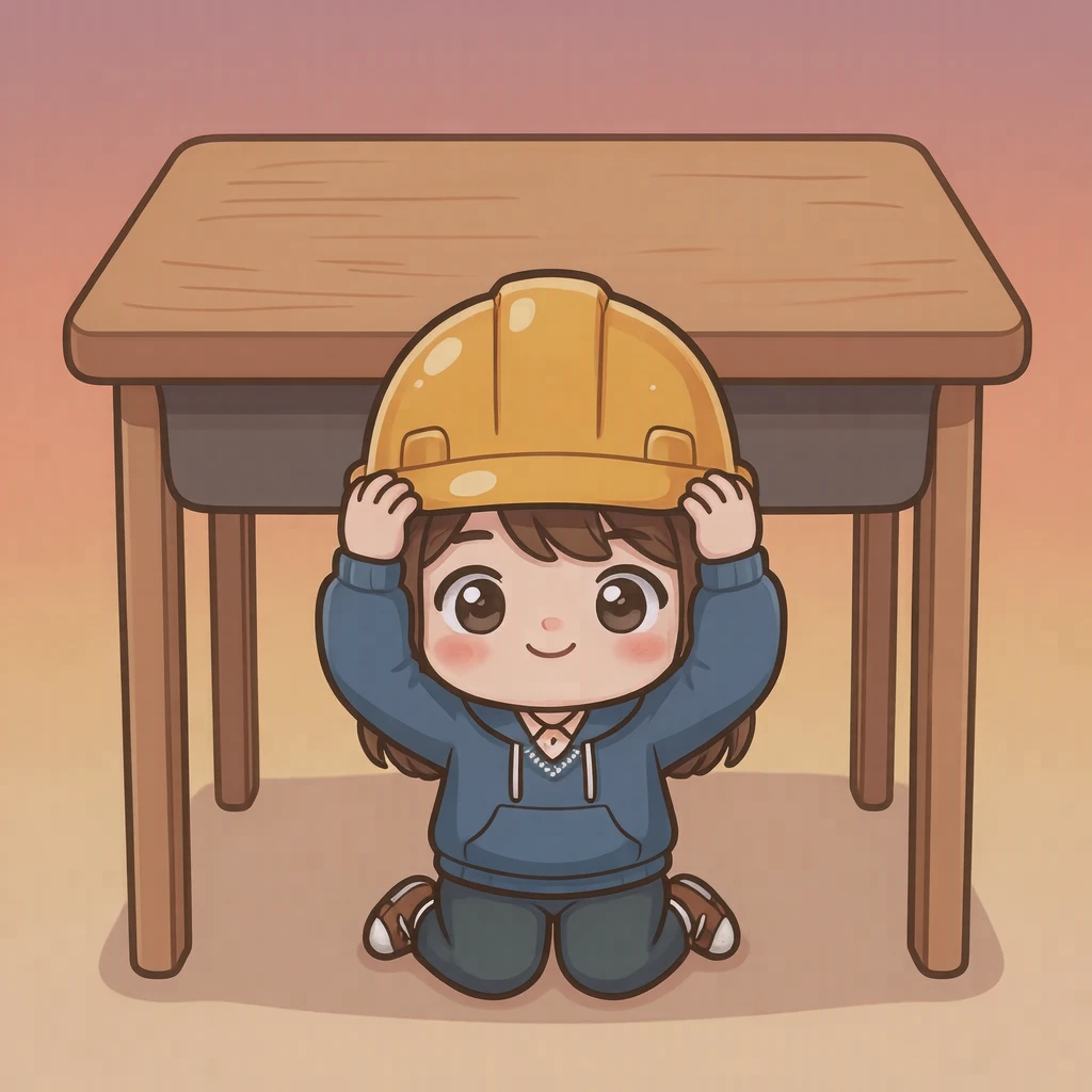 地震避難訓練のイラスト（デフォルメ）