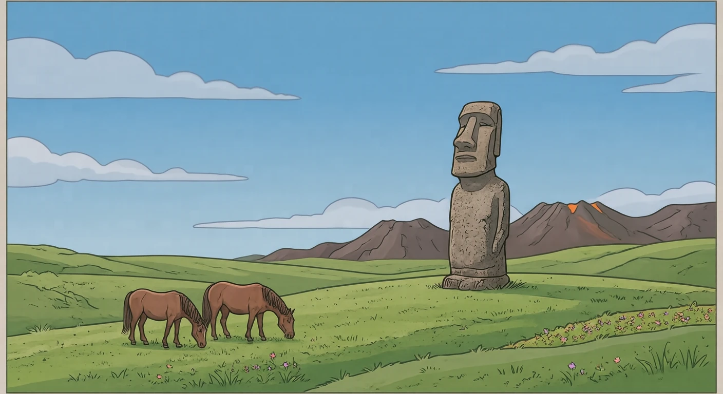 Illustration of a moai and horses on the grassland of Easter Island, a World Heritage Site (simple line art)