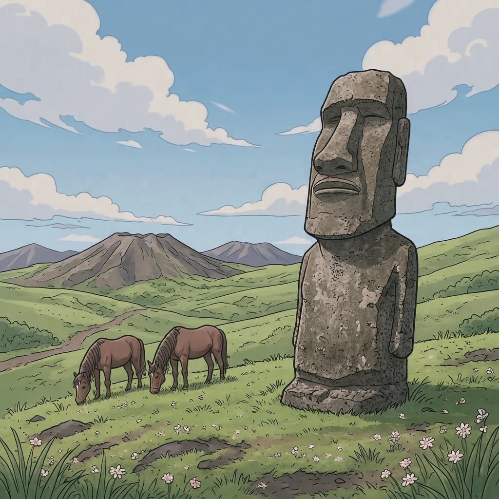 Illustration of a moai and horses on the grassland of Easter Island, a World Heritage Site (anime cel-shaded)